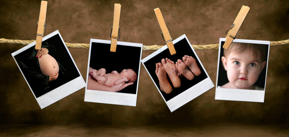 Polaroid Photos of an Newborn Infant and Pregnancy Shots Hanging on a Rope With Clothespins