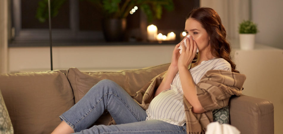 pregnancy and people concept - sick pregnant woman blowing nose with paper tissue at home